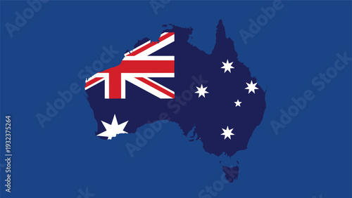 Detailed map of the Australian continent filled with the national flag design against a solid dark blue background.