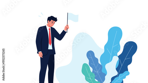 Defeated businessman in a dark suit looking down while holding a small white flag of surrender in his hand after a failure.