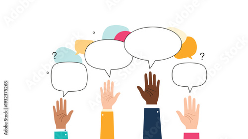 Diverse group of hands raised in the air with various empty speech bubbles representing a public discussion or forum.