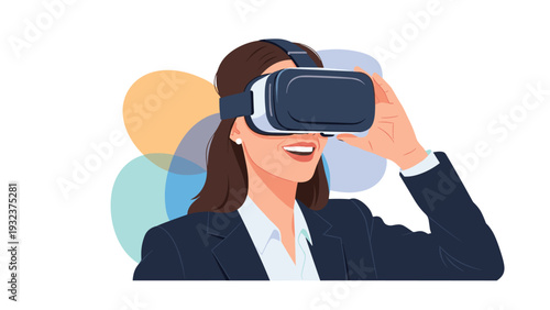 Professional woman wearing a virtual reality headset smiling and having an immersive digital experience in the metaverse.