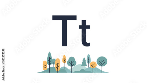 Large capital letter T and lowercase t standing above a scenic landscape of stylized colorful trees and rolling hills.