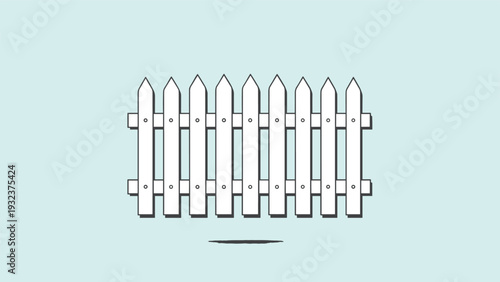 Section of a classic white wooden picket fence isolated on a light blue background for garden and home security concepts.