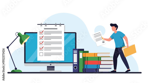 Man in a blue t-shirt organizing paper documents and books next to a computer screen with a checklist on the desk.