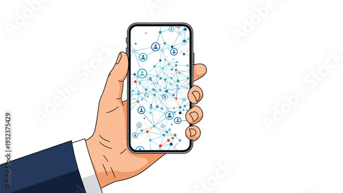 Hand in a business suit holding a modern smartphone displaying a complex social network graph with user icons.