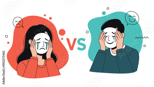Concept of hiding true emotions where a crying woman holds a sad mask over a happy face and a man holds a happy mask over a sad face.