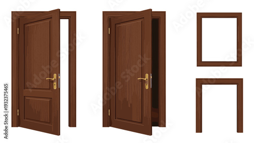 Set of various brown wooden doors shown in different positions including open and closed states along with a single door frame.