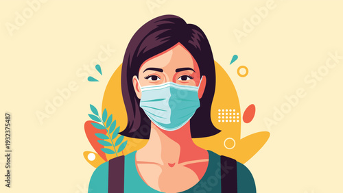 Portrait of a young woman wearing a blue medical surgical face mask for protection against viruses and pollution on a bright background.