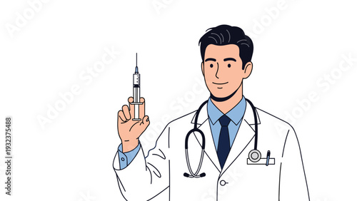 Male professional doctor in a white coat with a stethoscope around his neck holding a syringe for vaccination and medical treatment.