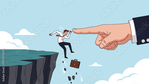 Giant hand pushing a businessman off the edge of a steep cliff symbolizing job loss or sudden failure in a career.