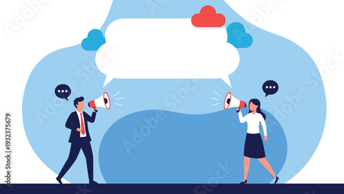 Man and woman in business suits shouting at each other through megaphones with a large empty speech bubble between them.