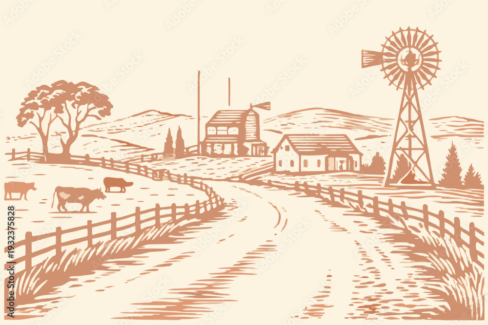 Naklejka premium Rustic Farm Landscape with Windmill Barn and Cows Vintage Sketch Style