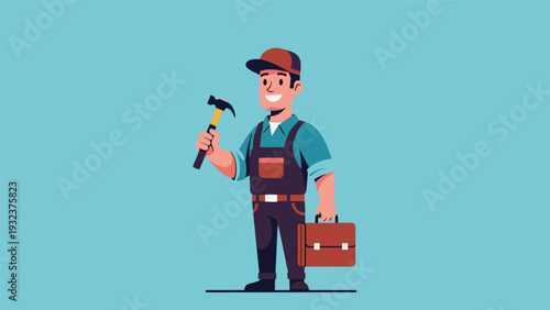 Friendly handyman in blue overalls and a cap holding a hammer and a brown tool briefcase for home repair services.