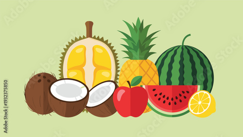 Assortment of fresh tropical fruits like durian, pineapple, watermelon, coconut, apple, and lemon on a light green background.