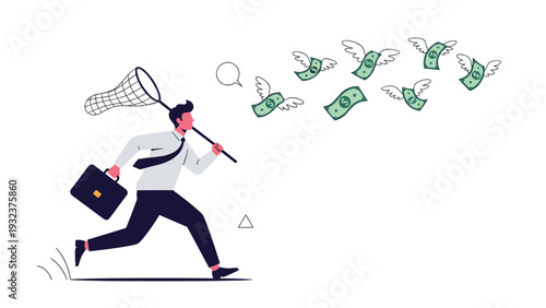 Ambitious businessman running with a butterfly net to catch flying money bills representing the pursuit of wealth and profit.