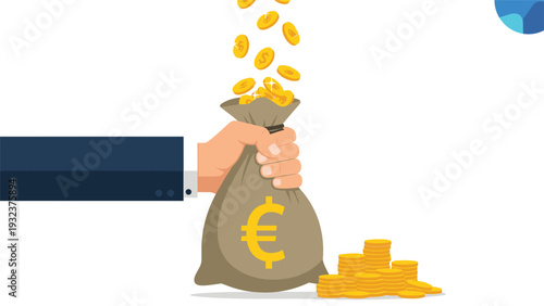 Hand of a businessman holding a large sack with a euro symbol and golden coins falling inside for wealth and success.