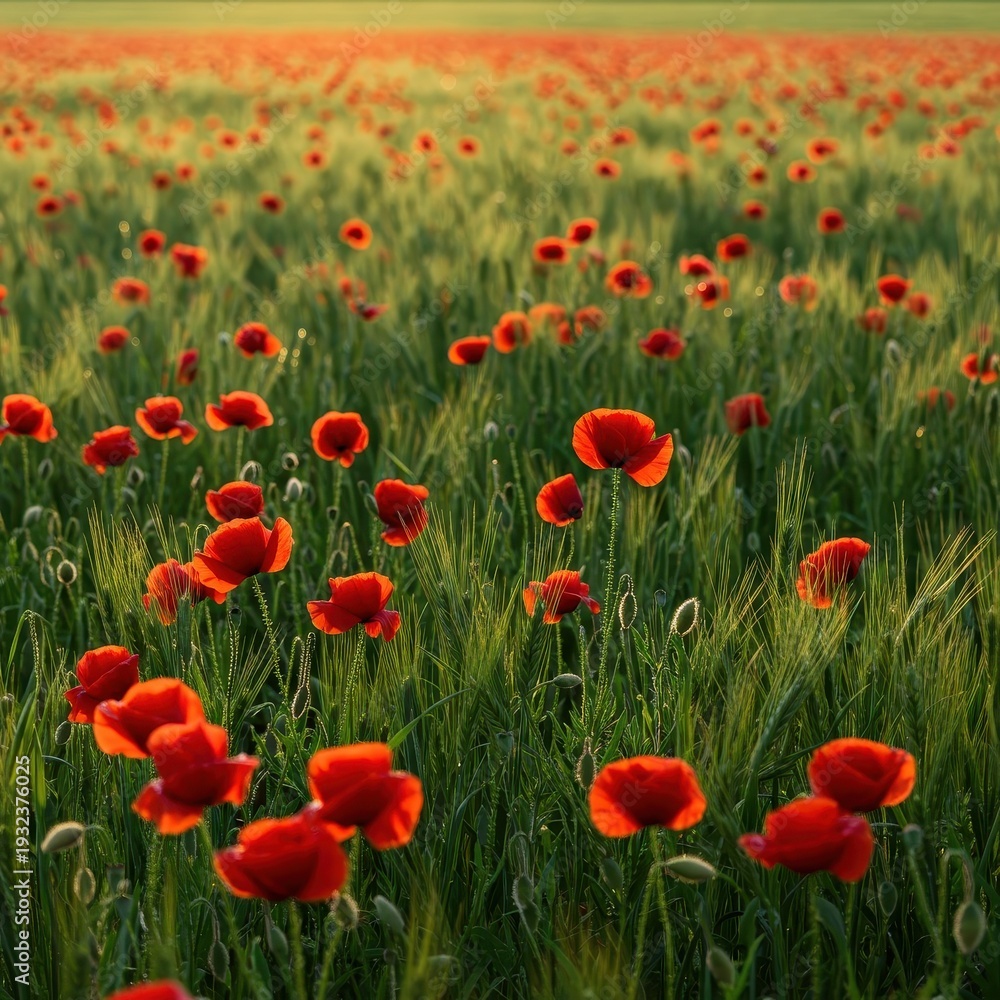 Obraz premium Captivating view of vibrant red poppies blossoming profusely throughout a vast green meadow, beautifully bathed in bright summer sunlight, peaceful, ecology, serene