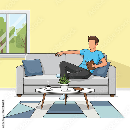 A person relaxing on a couch, reading a book, in a cozy living room