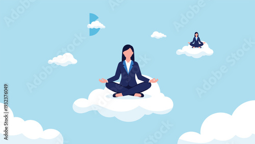 Businesswomen in formal attire practicing mindfulness and meditation while floating on soft white clouds in blue sky.