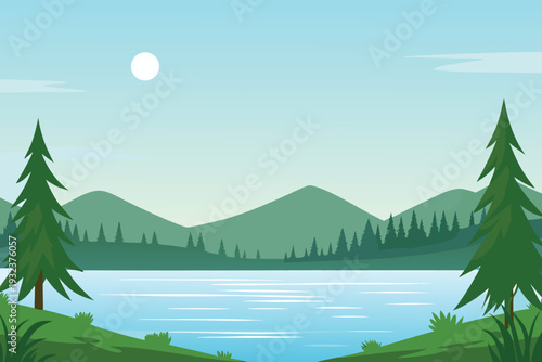 Serene Lake Landscape with Mountains and Pine Trees under a Sunny SkyStock Illustration