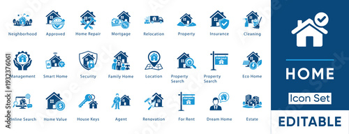Home icon set. Containing property, mortgage, smart home, real estate, insurance, location, renovation, for sale and more. Solid vector collection.