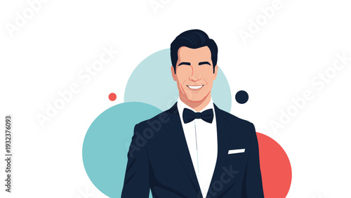 Confident smiling man wearing a formal black tuxedo and bow tie standing in front of abstract colorful circles.