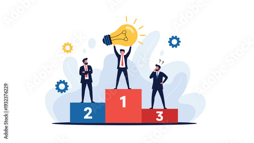 Successful businessman on a winner podium holding a giant glowing light bulb as a symbol of his winning idea.