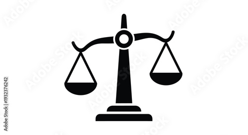 Simple black graphic icon of a traditional balance scale symbolizing law, justice, and perfect equilibrium.