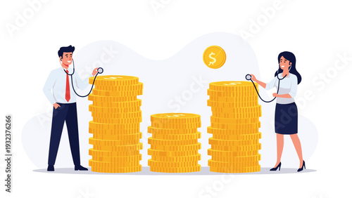 Business professionals using medical stethoscopes to diagnose the health of various stacks of golden dollar coins.