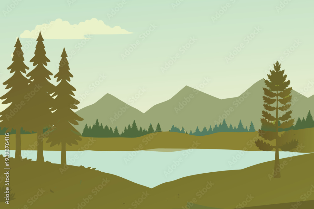 Fototapeta premium Serene Mountain Lake Landscape with Evergreen Trees and Distant Peaks Flat Design