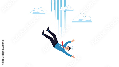 Stressed businessman in a blue shirt and red tie falling through the white sky with clouds and abstract lines.