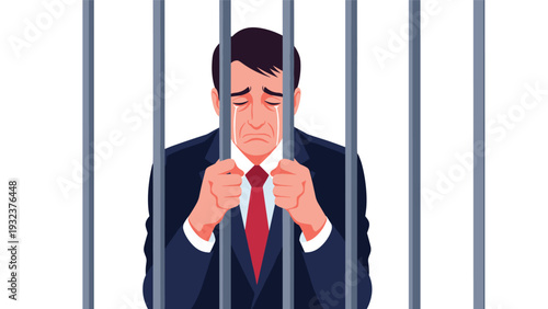 Desperate businessman crying and holding onto cold metal prison bars symbolizing a white-collar crime conviction and regret.