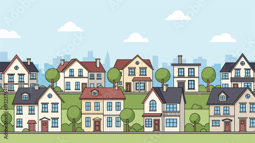 Row of various colorful suburban houses with green trees and a city skyline in the distant background during a clear day.