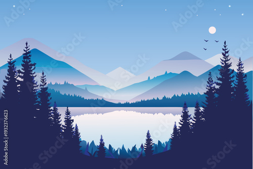 Serene Mountain Lake Landscape with Pine Trees and Moonlit SkyStock Illustration