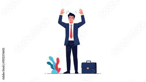 Stressed businessman standing with his hands raised in a gesture of surrender or surprise beside his briefcase.