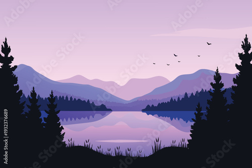 Serene Mountain Lake Landscape with Purple Hues and Flying Birds Vector Illustration