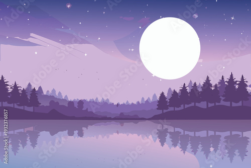 Serene Night Landscape with Full Moon Over Reflecting Lake and Pine Forest Silhouette