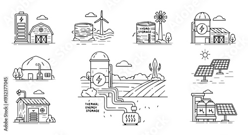 Set of 8 Renewable Energy Storage Line Icons Vector