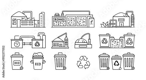 Set of 12 recycling and waste management line icons vector