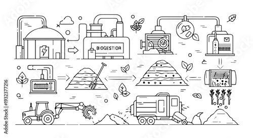 Biogas production process line art vector illustration