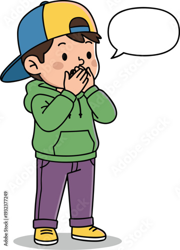Cute cartoon boy wearing a green hoodie and cap, standing with hands over mouth and a blank white speech bubble.
