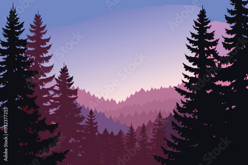 Silhouette Pine Forest Mountains Layers Dusk Sky Purple Pink Gradient