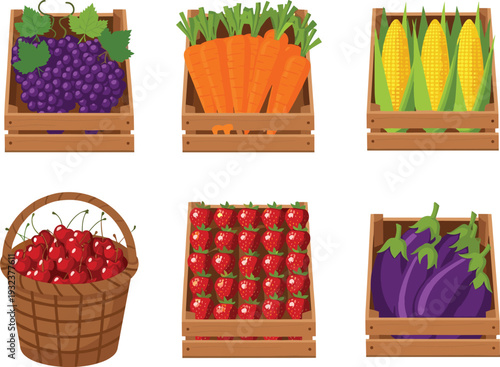 Flat vector illustration of fresh organic fruits and vegetables in wooden crates including grapes, carrots, corn, cherries, strawberries, and eggplants.