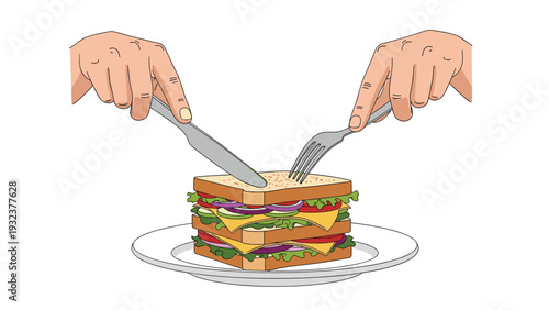 Close up illustration of two hands using a silver knife and fork to cut into a large multi layered club sandwich on a white plate.