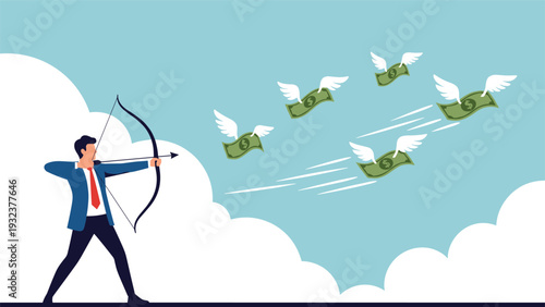 Ambitious businessman archer aims his bow and arrow at flying dollar bills in a pursuit of financial success and wealth targets.