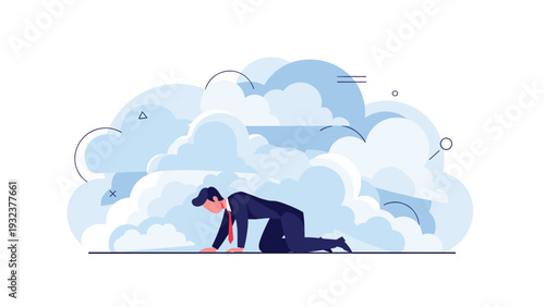 Determined businessman in a suit crawls through thick blue clouds representing struggle and overcoming difficult life challenges.