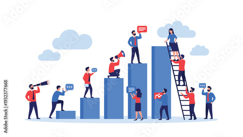 Professional business team works together to analyze data on a growing bar chart during a collaborative office strategy meeting.