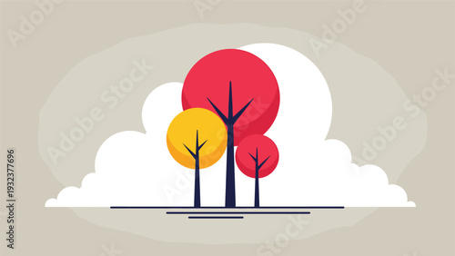 Beautiful stylized autumn trees with red and yellow leaves are set against a soft white cloud background in a minimalist design.