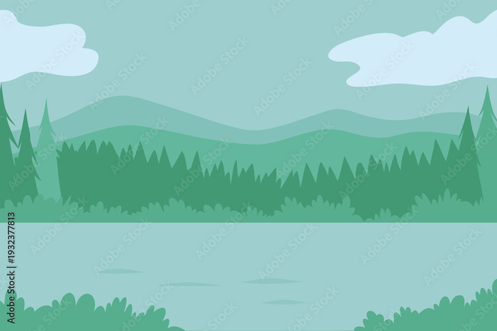 Fototapeta premium Stylized Mountain Landscape with Lake and Forest Calm Water Blue Sky Stock Illustration