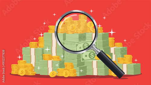 Pile of cash and gold coins being examined through a large magnifying glass representing financial audit and investigation.