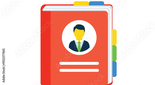 Bright red address book icon featuring a professional silhouette with colorful dividers on white